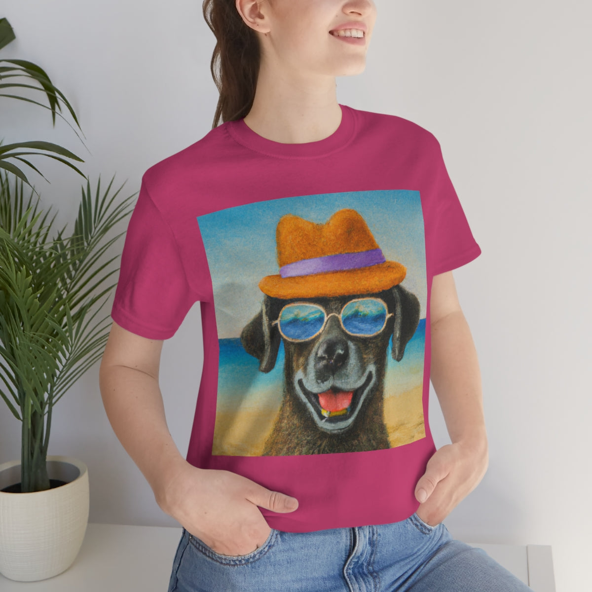 Dog with glasses and hat by the beach painting on ladies Tshirt