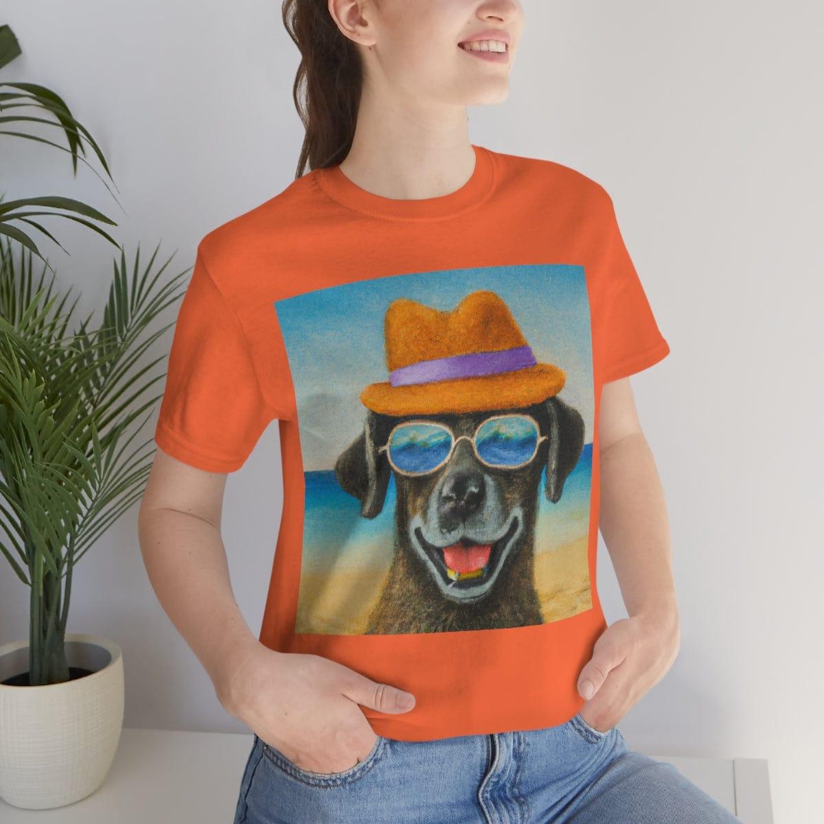 Dog with glasses and hat by the beach painting on ladies Tshirt - Giftsmojo