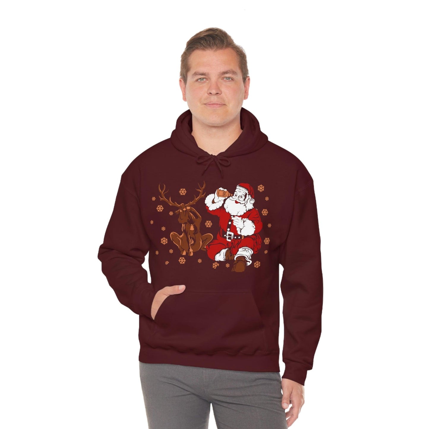 Santa and Reindeer Hooded Sweatshirt Christmas Shirt Funny Christmas Sweatshirt Christmas Gifts Santa Drinking Beer