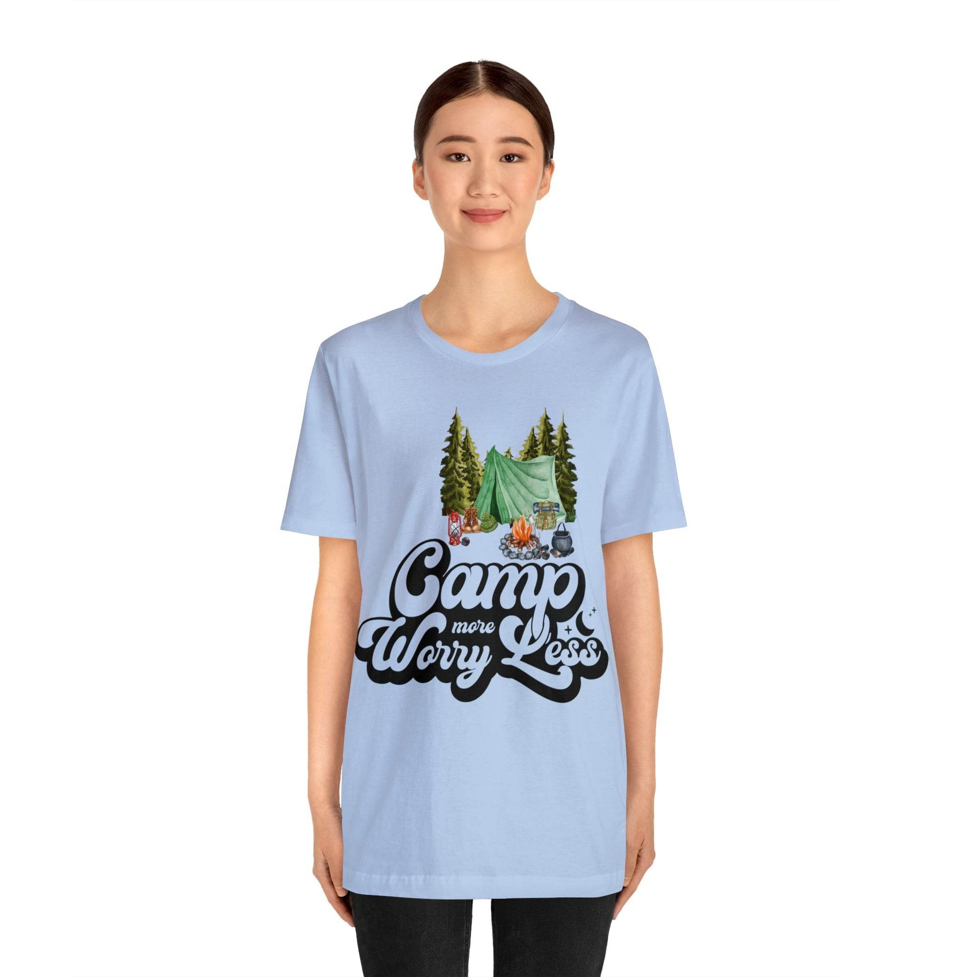 Camp More Worry Less Shirt, Outdoor adventure clothing, Nature-inspired shirts, Hiking apparel, Outdoor enthusiasts gift, Adventure-themed attire - Giftsmojo