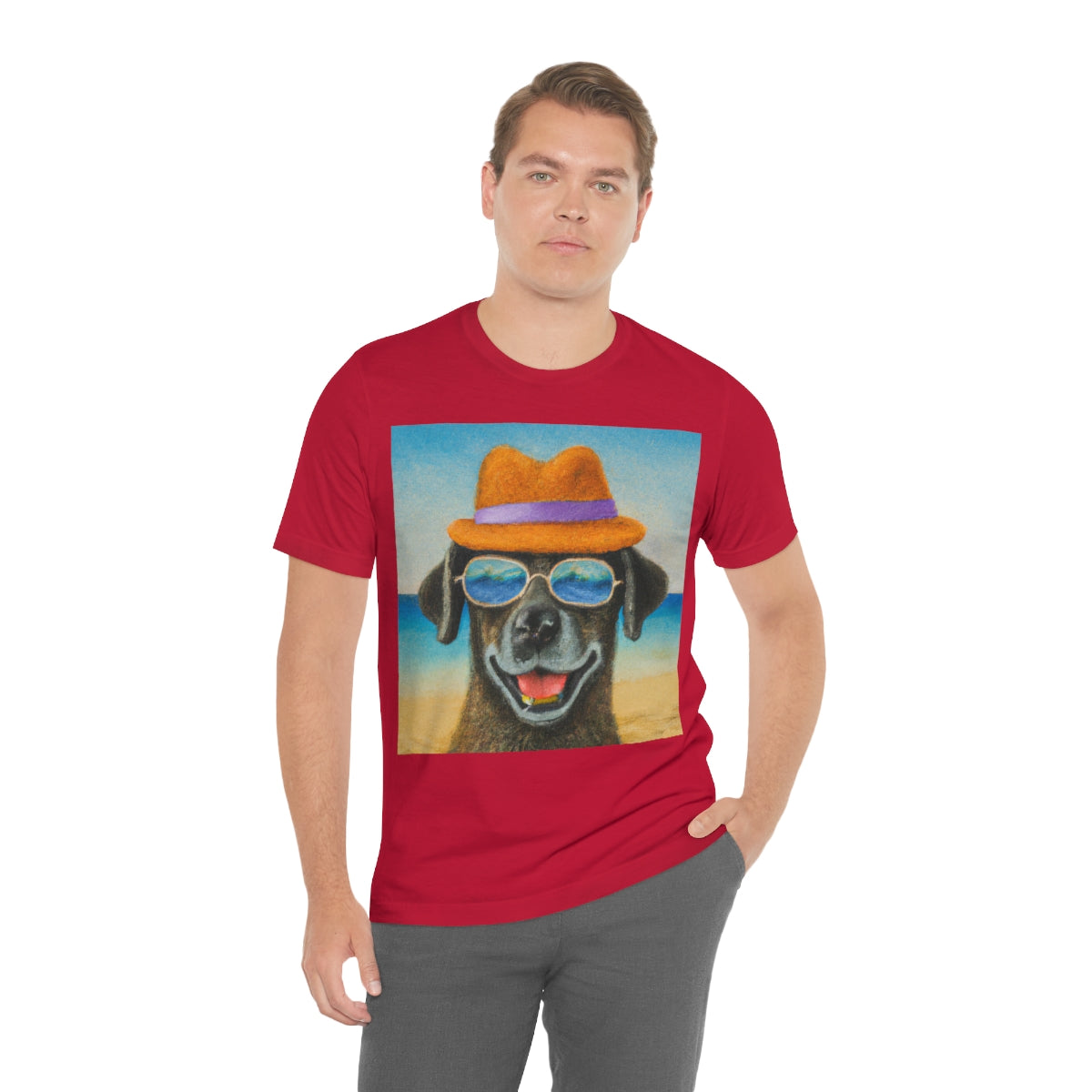 Dog with glasses and hat by the beach painting on ladies Tshirt