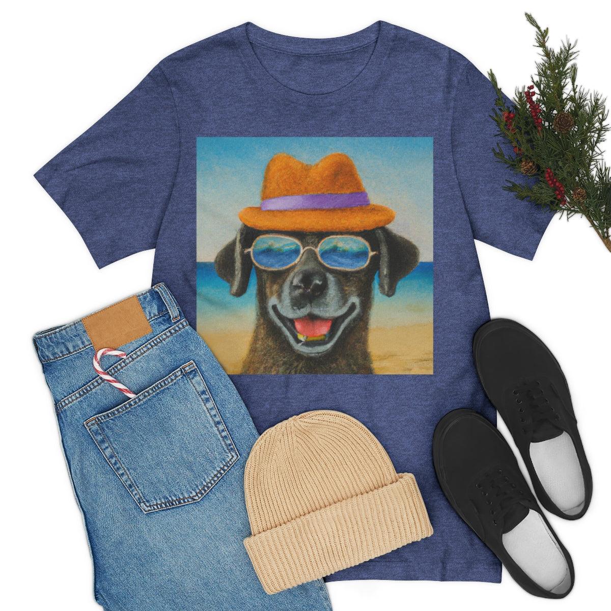 Dog with glasses and hat by the beach painting on ladies Tshirt - Giftsmojo