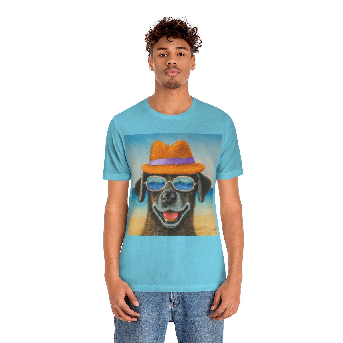 Dog with glasses and hat by the beach painting on ladies Tshirt - Giftsmojo