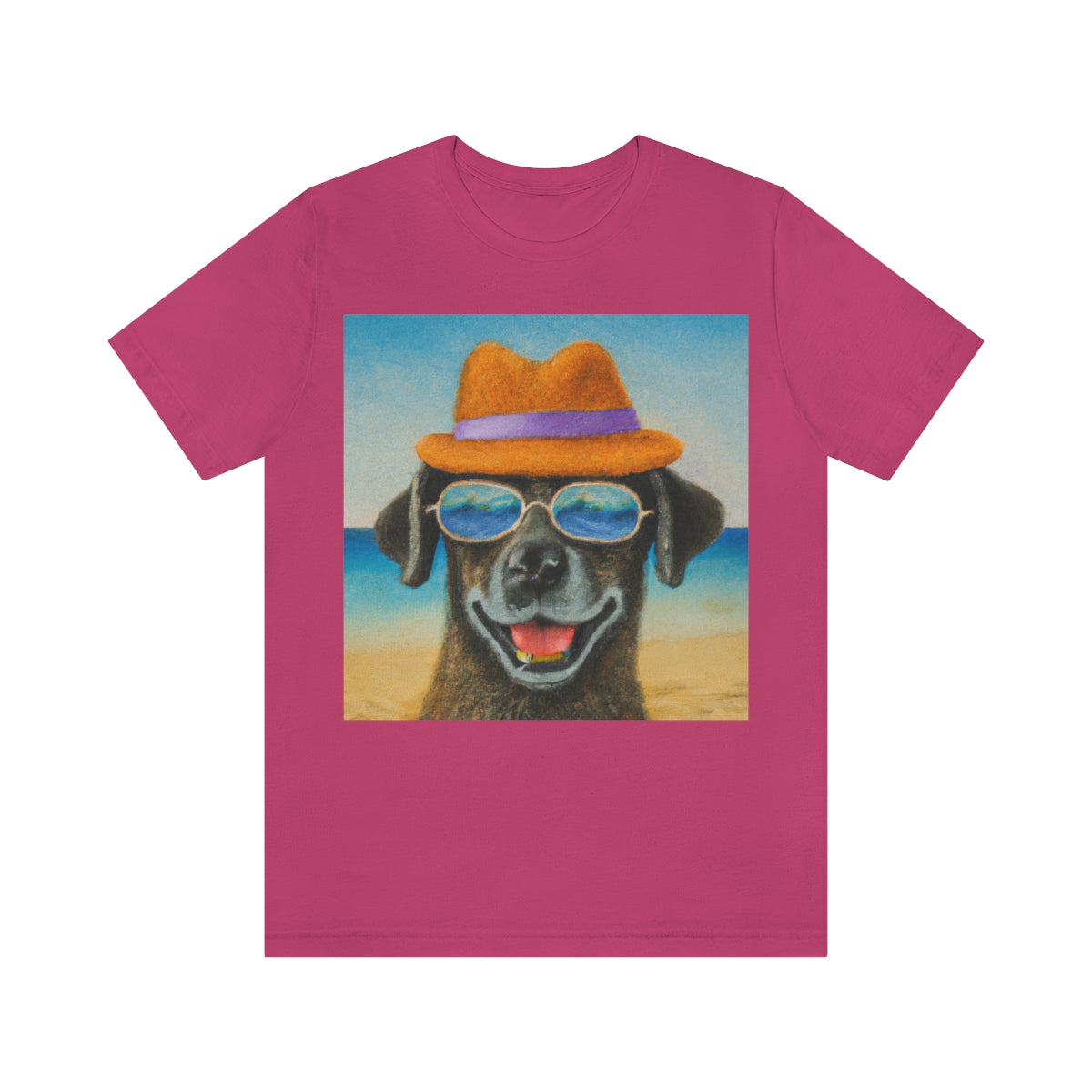 Dog with glasses and hat by the beach painting on ladies Tshirt