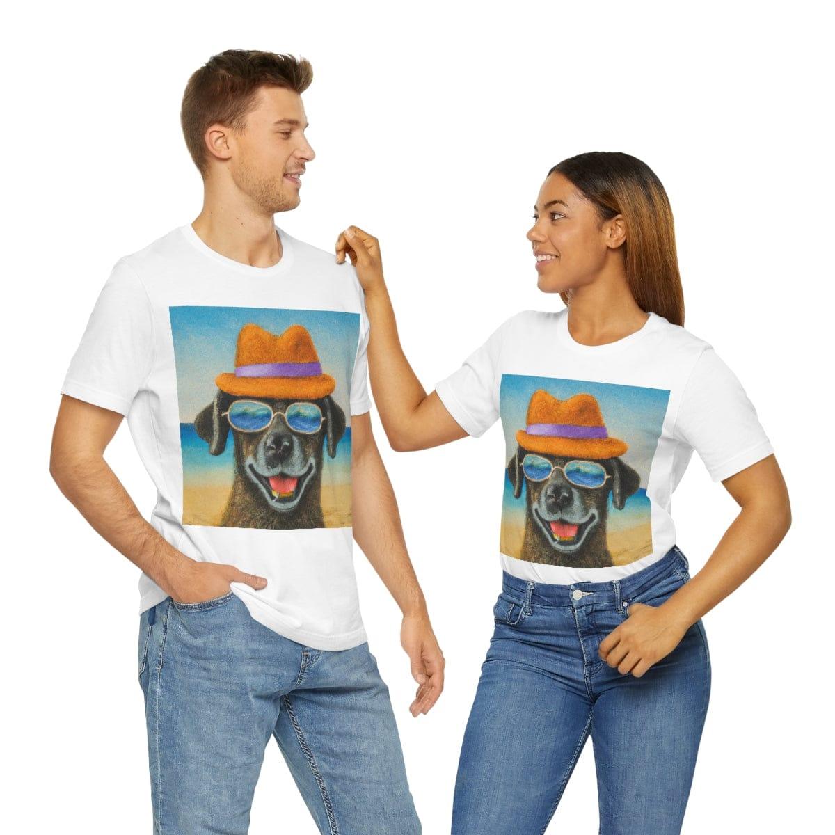Dog with glasses and hat by the beach painting on ladies Tshirt - Giftsmojo