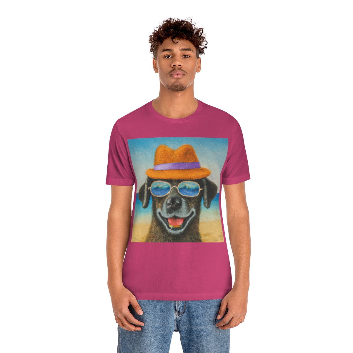 Dog with glasses and hat by the beach painting on ladies Tshirt