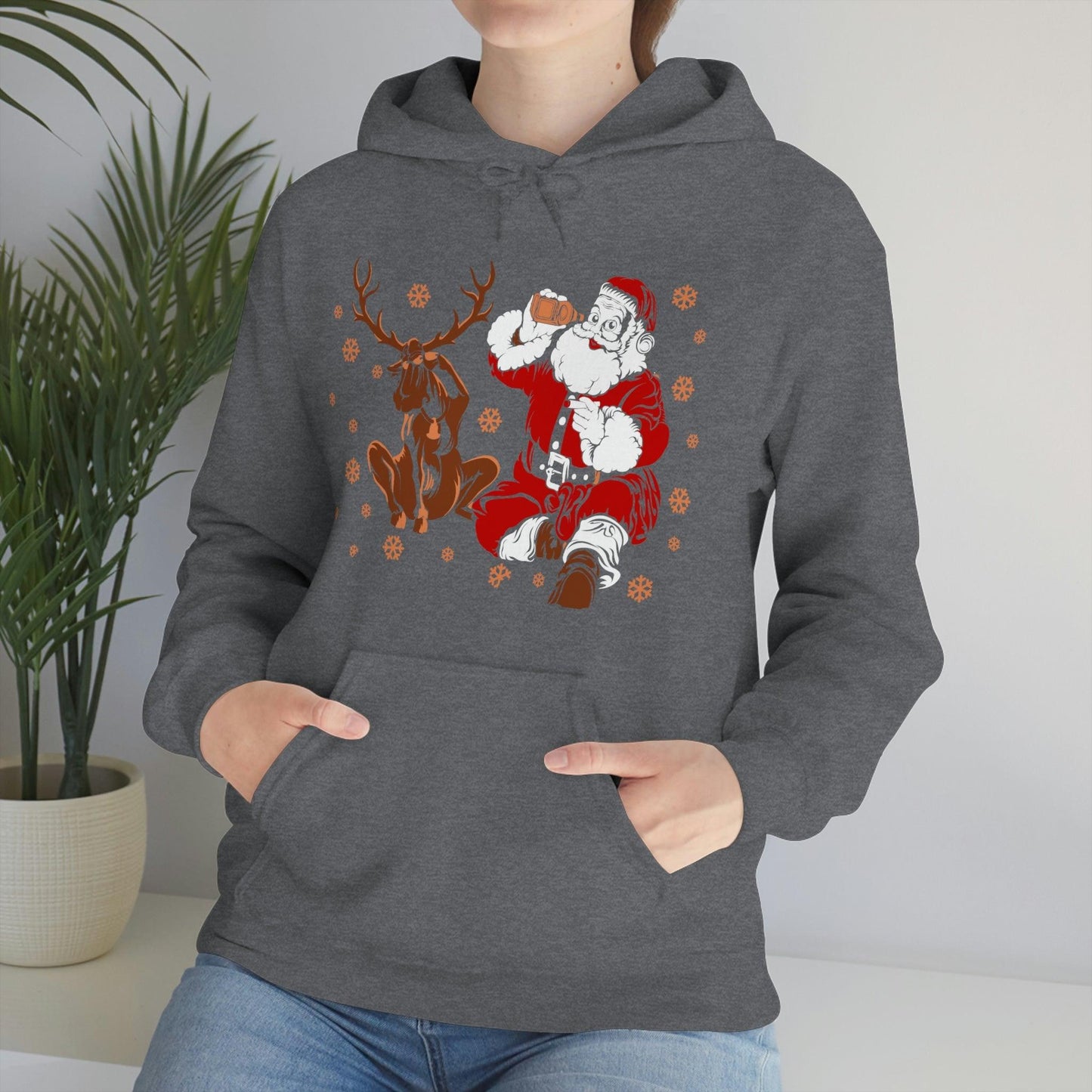 Santa and Reindeer Hooded Sweatshirt Christmas Shirt Funny Christmas Sweatshirt Christmas Gifts Santa Drinking Beer