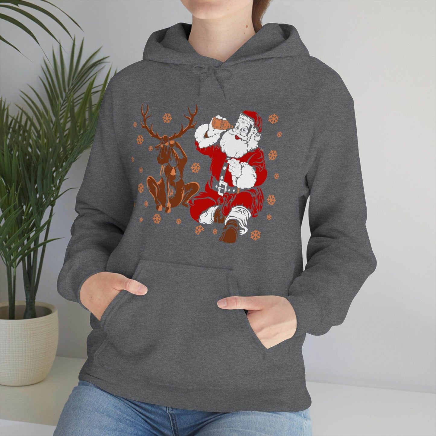 Santa and Reindeer Hooded Sweatshirt Christmas Shirt Funny Christmas Sweatshirt Christmas Gifts Santa Drinking Beer - Giftsmojo