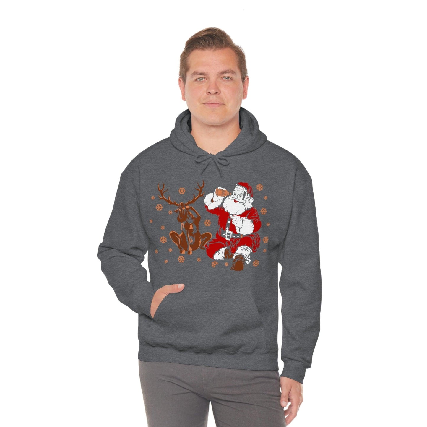 Santa and Reindeer Hooded Sweatshirt Christmas Shirt Funny Christmas Sweatshirt Christmas Gifts Santa Drinking Beer