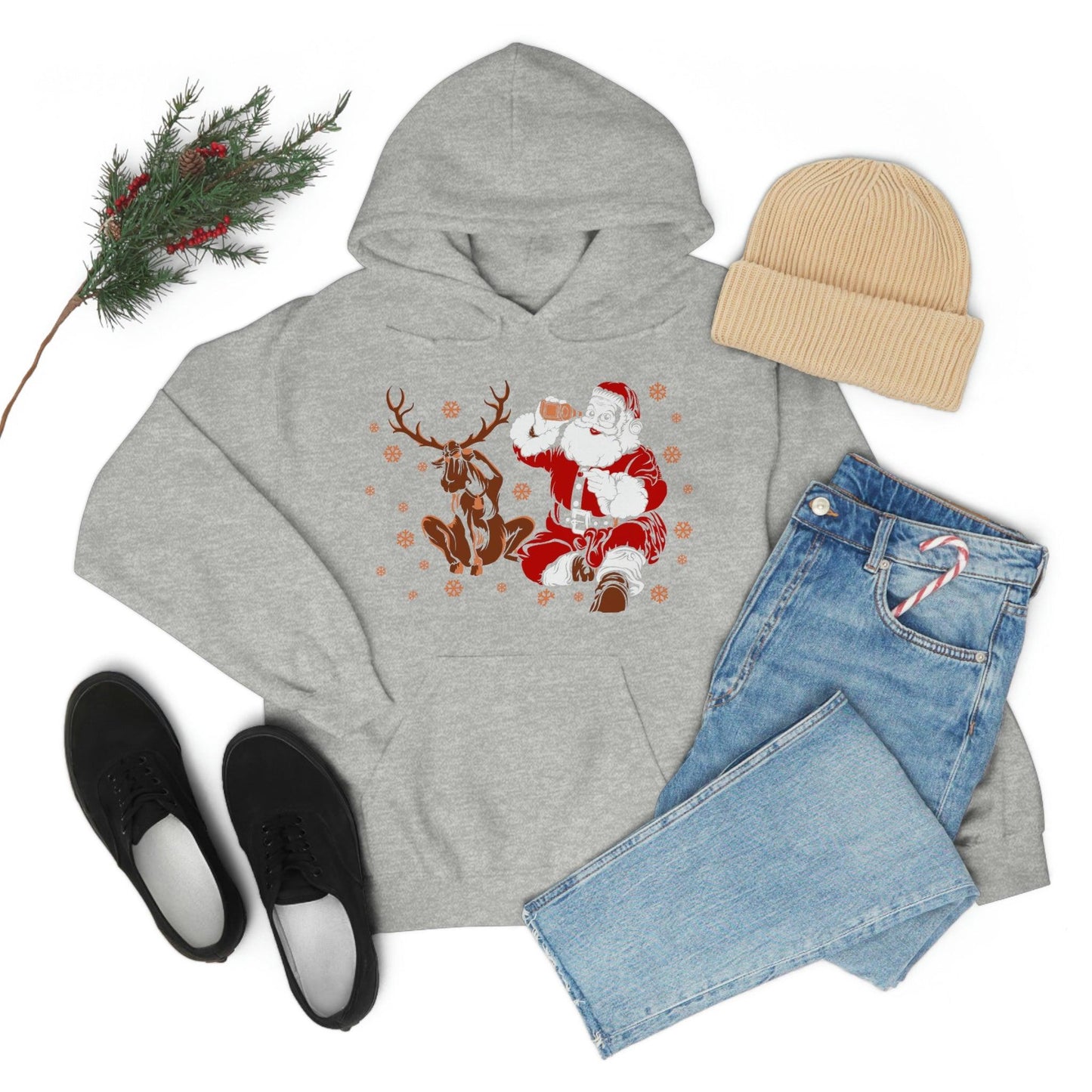 Santa and Reindeer Hooded Sweatshirt Christmas Shirt Funny Christmas Sweatshirt Christmas Gifts Santa Drinking Beer