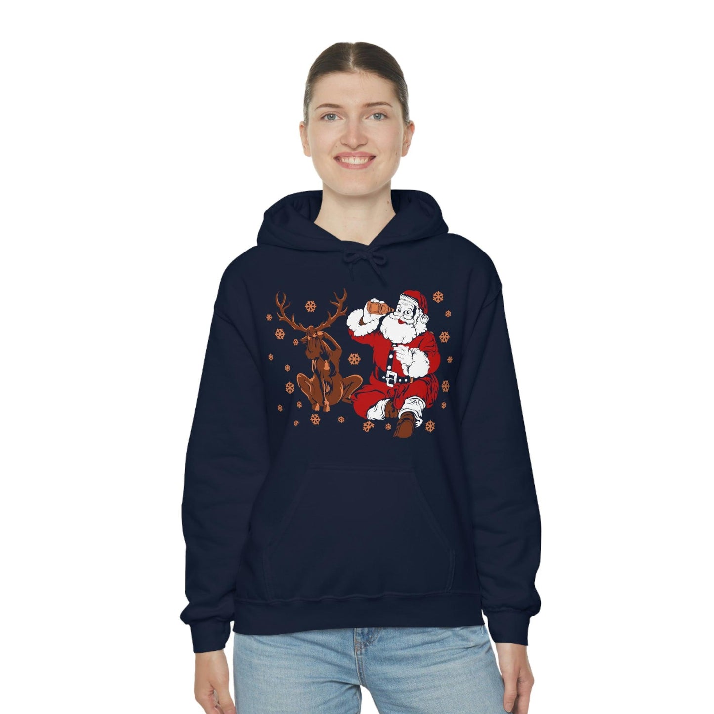Santa and Reindeer Hooded Sweatshirt Christmas Shirt Funny Christmas Sweatshirt Christmas Gifts Santa Drinking Beer