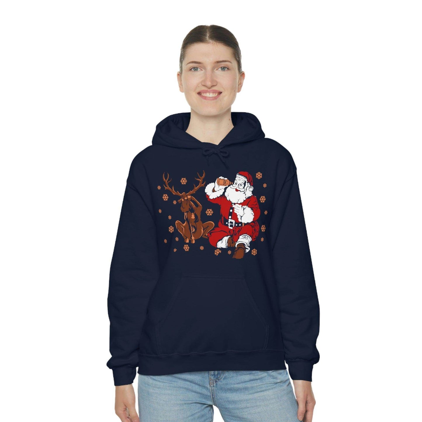 Santa and Reindeer Hooded Sweatshirt Christmas Shirt Funny Christmas Sweatshirt Christmas Gifts Santa Drinking Beer - Giftsmojo
