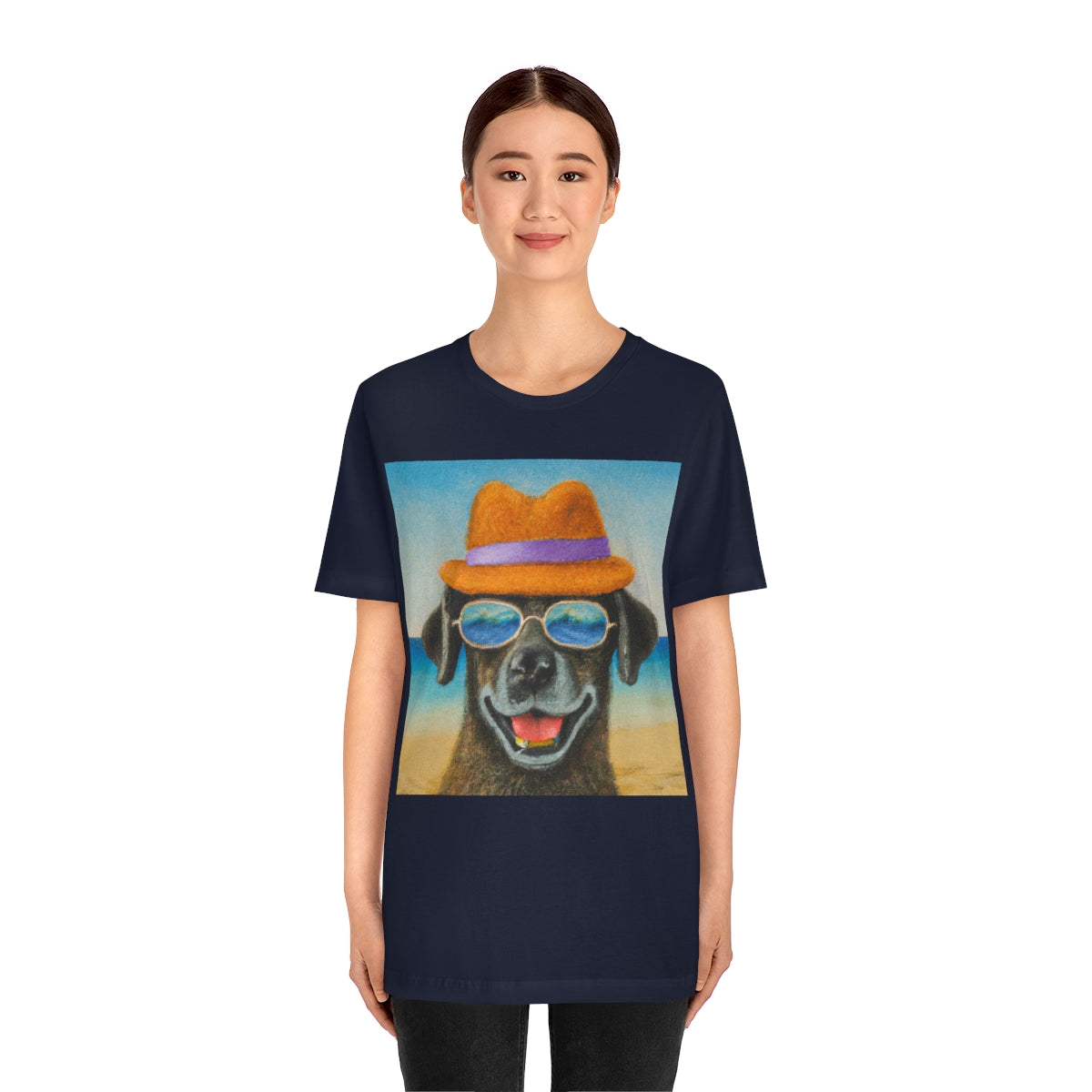 Dog with glasses and hat by the beach painting on ladies Tshirt