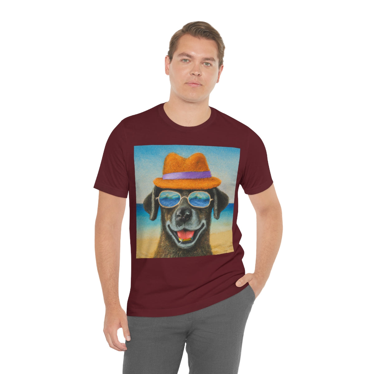 Dog with glasses and hat by the beach painting on ladies Tshirt