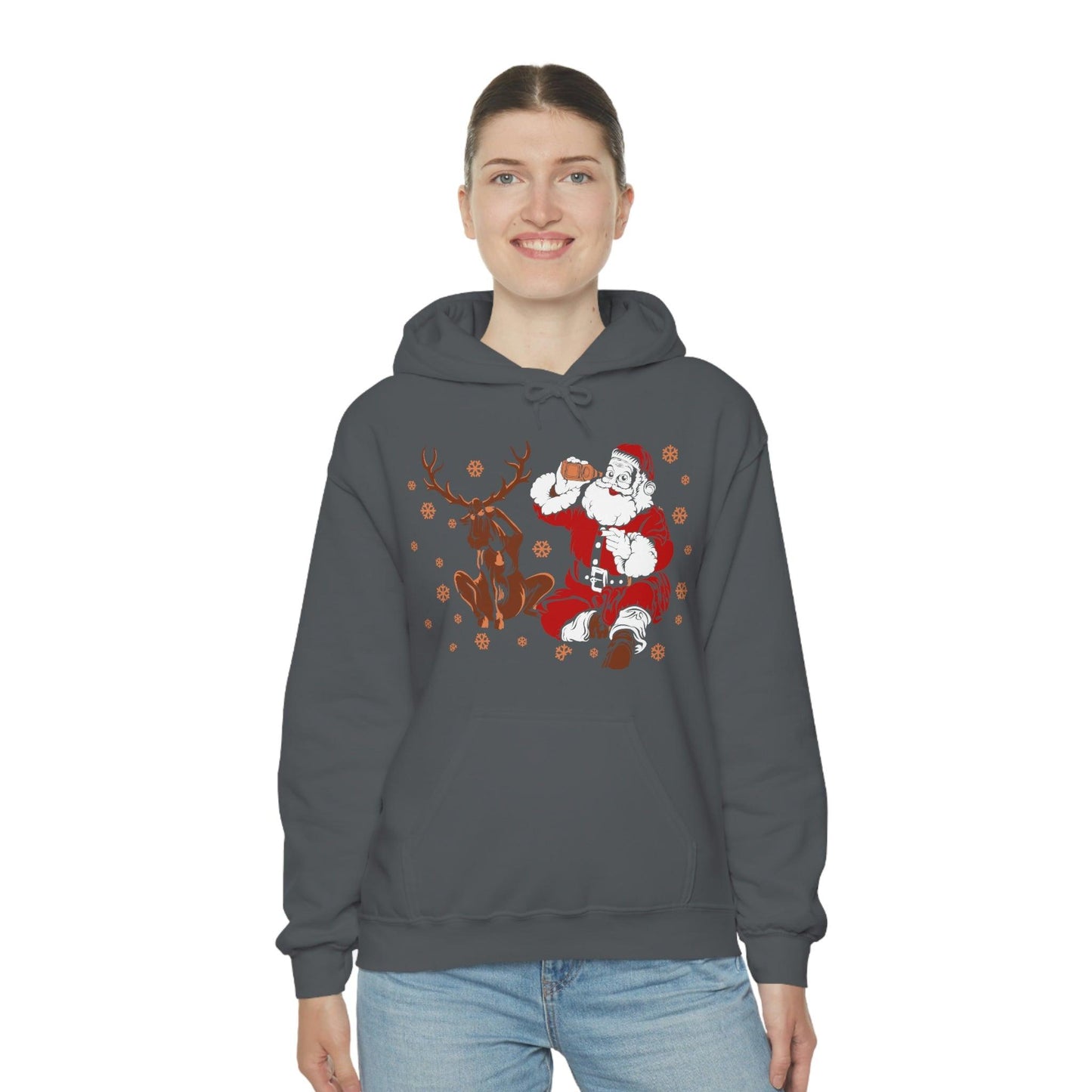 Santa and Reindeer Hooded Sweatshirt Christmas Shirt Funny Christmas Sweatshirt Christmas Gifts Santa Drinking Beer