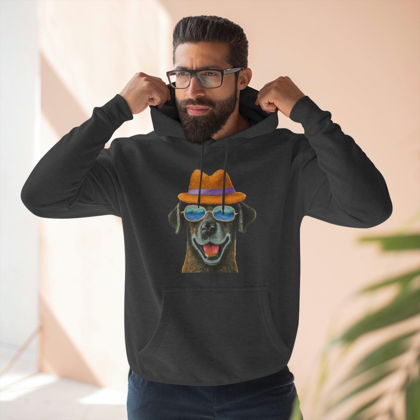 Dog at the beach wearing a hat and sunglasses painted arts Premium Pullover Hoodie