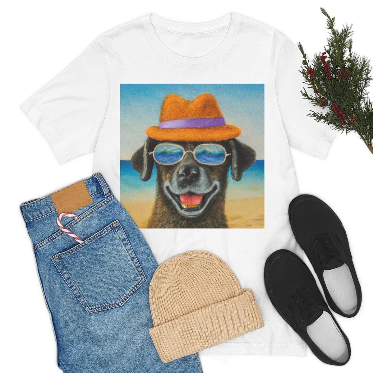 Dog with glasses and hat by the beach painting on ladies Tshirt - Giftsmojo