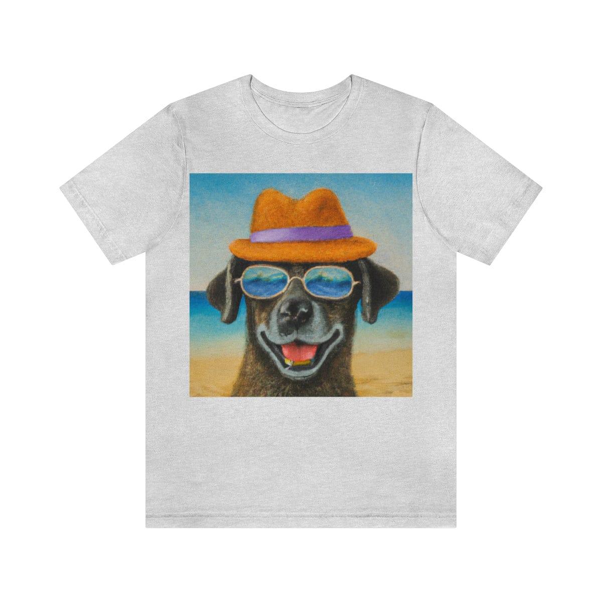 Dog with glasses and hat by the beach painting on ladies Tshirt - Giftsmojo
