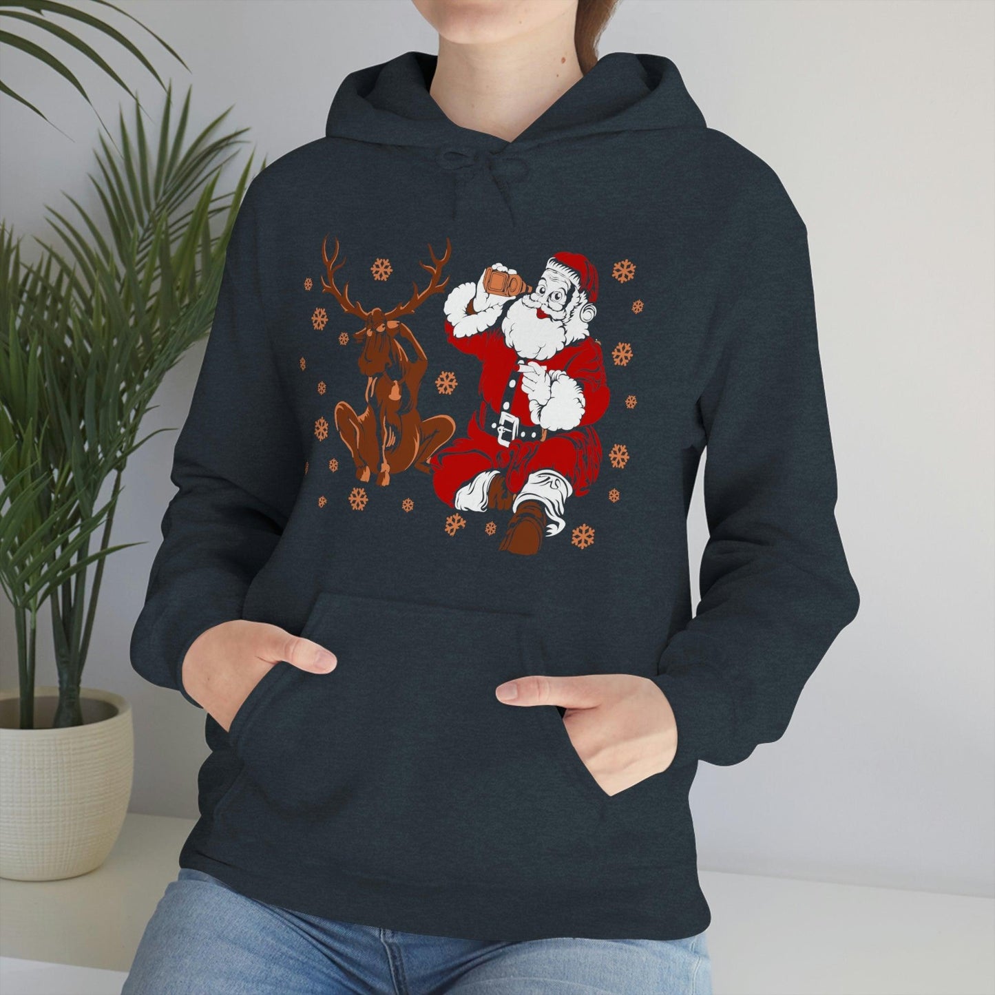 Santa and Reindeer Hooded Sweatshirt Christmas Shirt Funny Christmas Sweatshirt Christmas Gifts Santa Drinking Beer