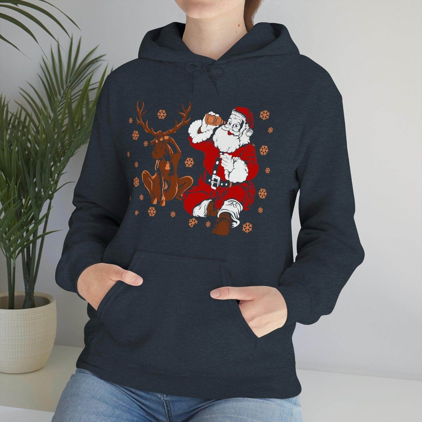 Santa and Reindeer Hooded Sweatshirt Christmas Shirt Funny Christmas Sweatshirt Christmas Gifts Santa Drinking Beer - Giftsmojo