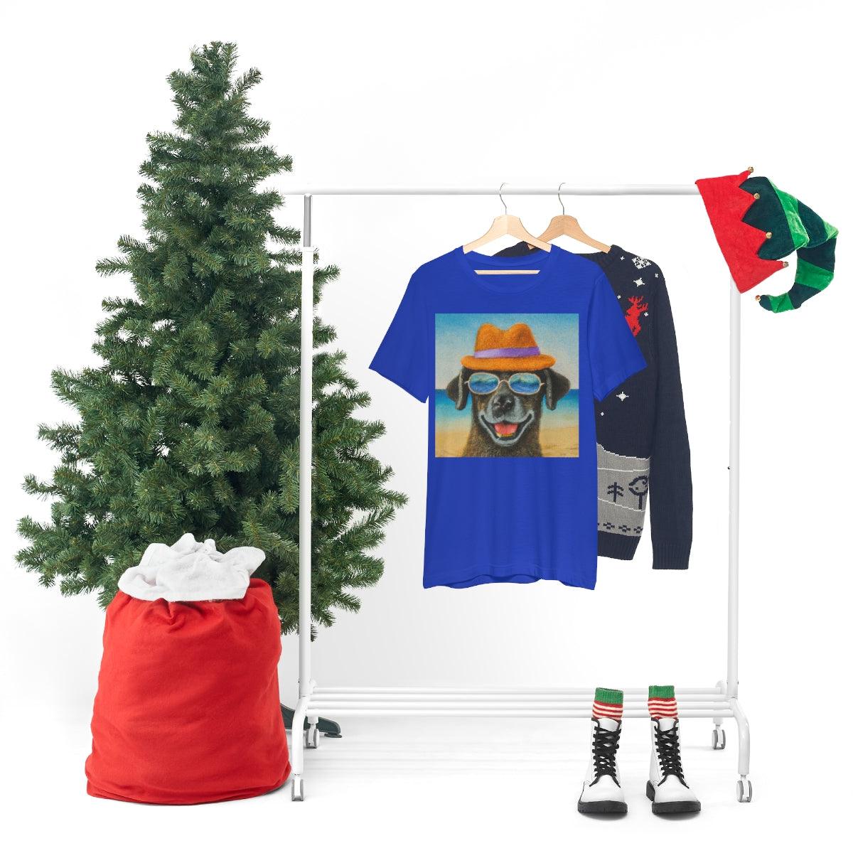Dog with glasses and hat by the beach painting on ladies Tshirt - Giftsmojo