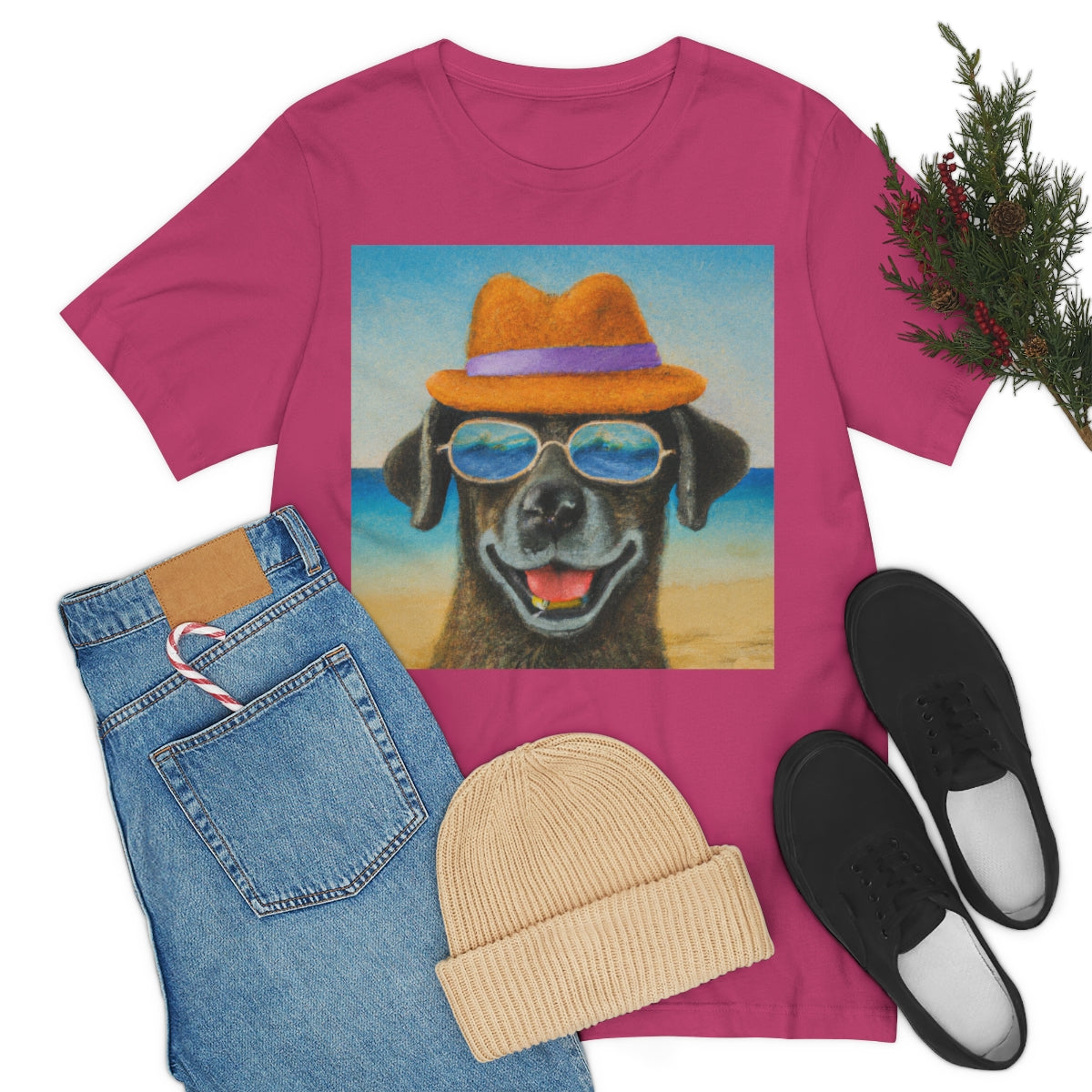 Dog with glasses and hat by the beach painting on ladies Tshirt
