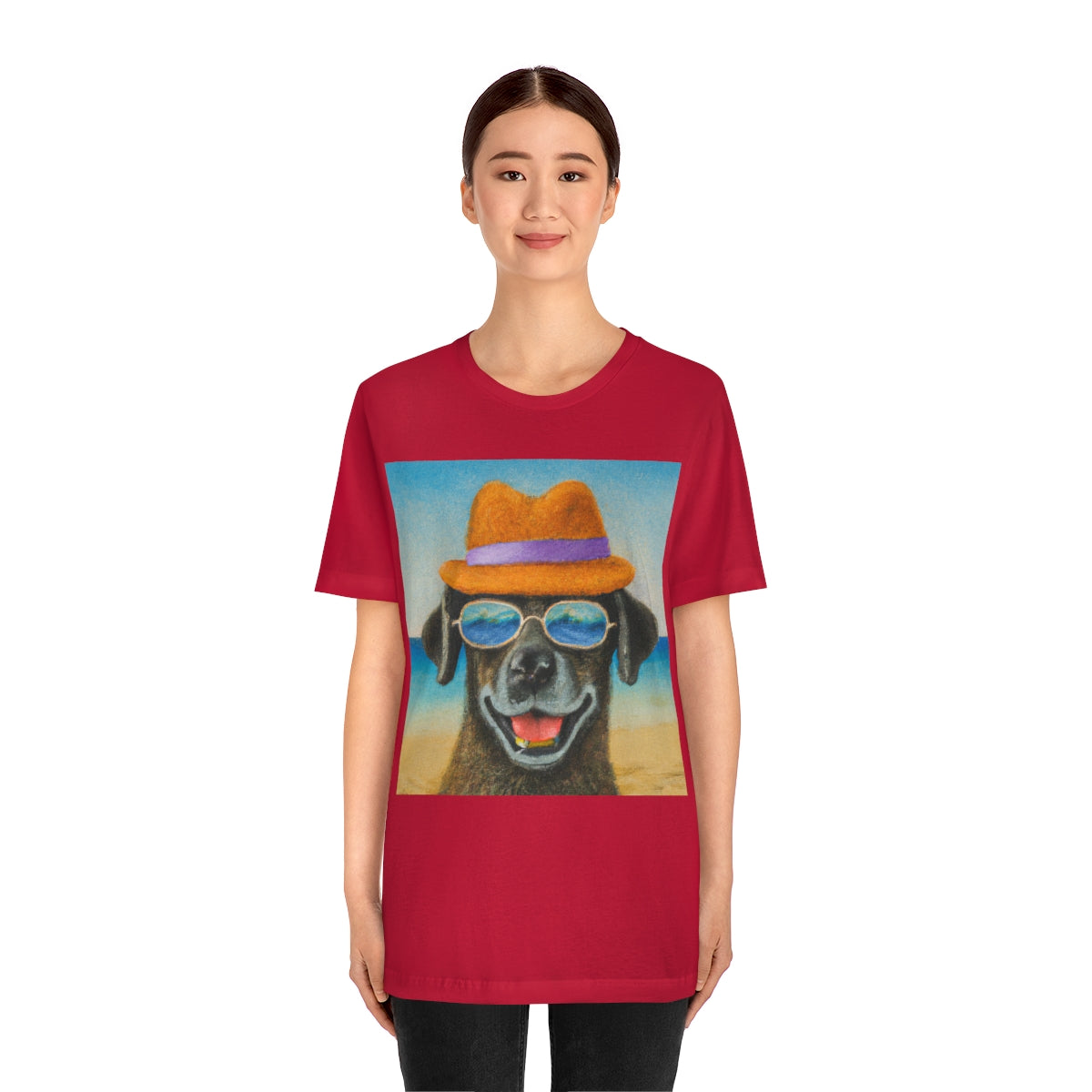 Dog with glasses and hat by the beach painting on ladies Tshirt