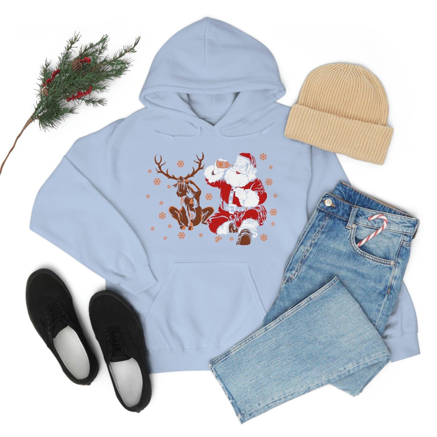 Santa and Reindeer Hooded Sweatshirt Christmas Shirt Funny Christmas Sweatshirt Christmas Gifts Santa Drinking Beer