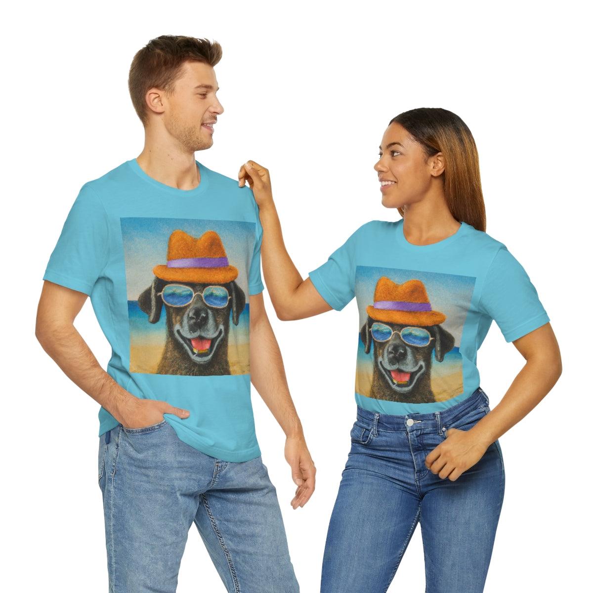 Dog with glasses and hat by the beach painting on ladies Tshirt - Giftsmojo