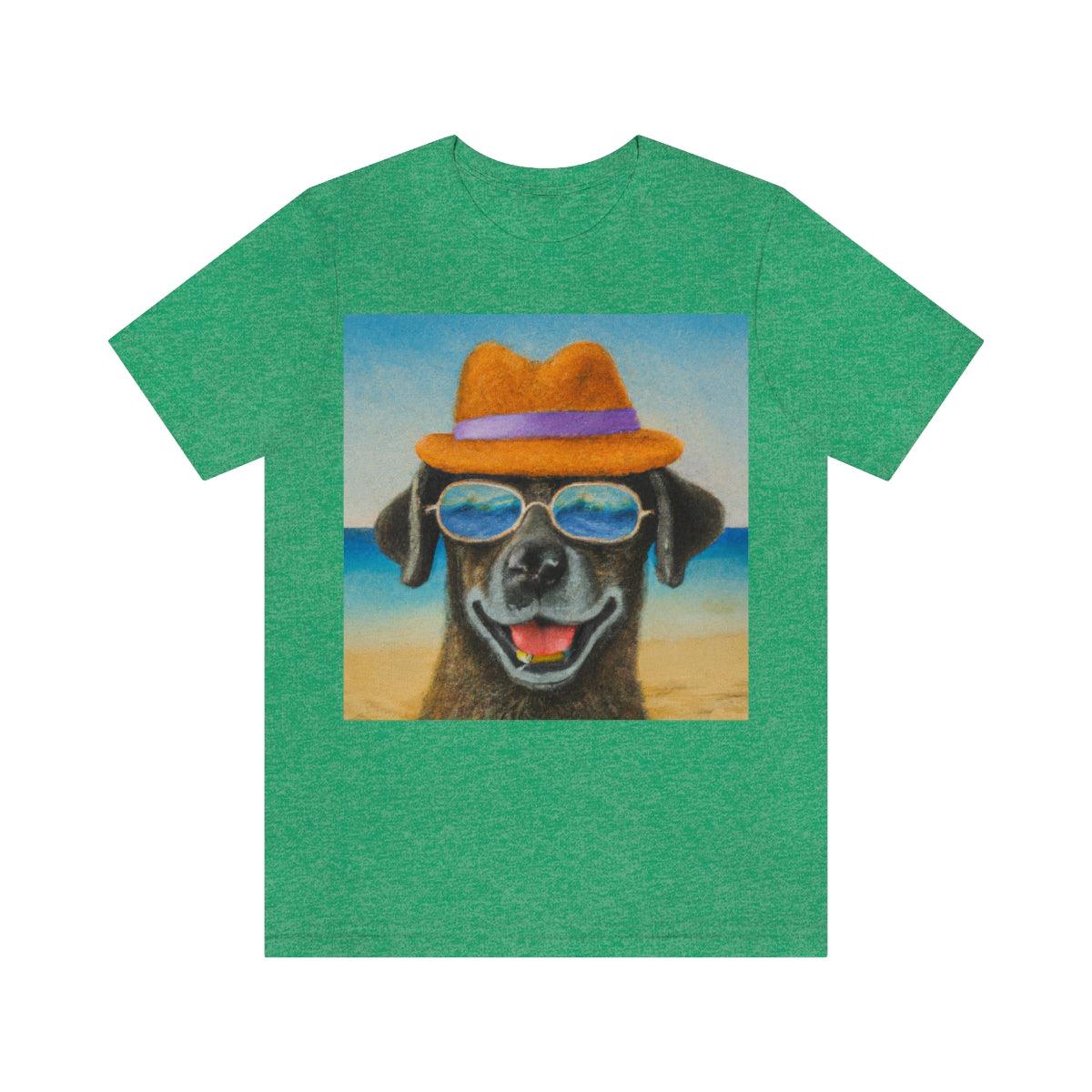 Dog with glasses and hat by the beach painting on ladies Tshirt - Giftsmojo