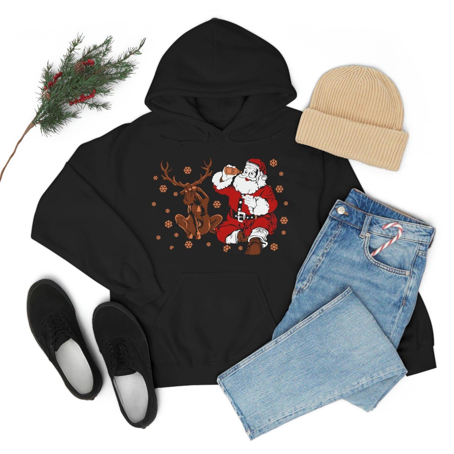 Santa and Reindeer Hooded Sweatshirt Christmas Shirt Funny Christmas Sweatshirt Christmas Gifts Santa Drinking Beer - Giftsmojo
