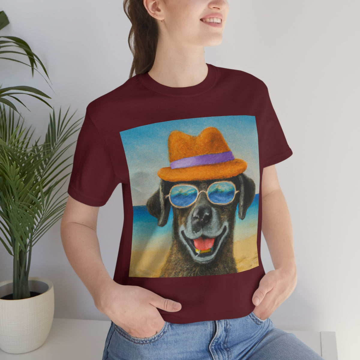 Dog with glasses and hat by the beach painting on ladies Tshirt