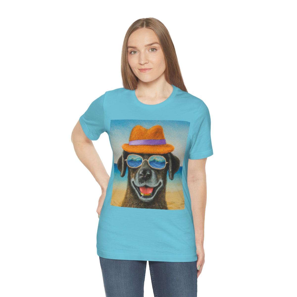 Dog with glasses and hat by the beach painting on ladies Tshirt - Giftsmojo