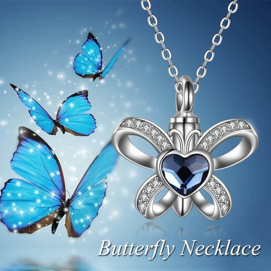 Sterling Silver Butterfly Heart Crystal Urn Necklace Cremation Memory Jewelry for Women Girls - Giftsmojo
