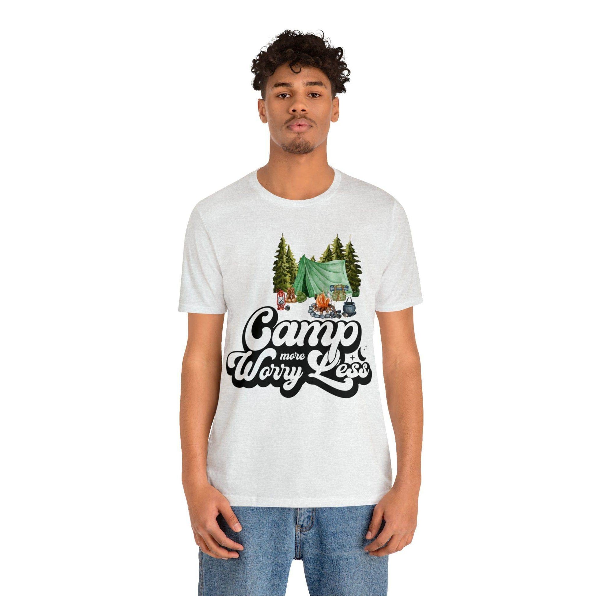 Camp More Worry Less Shirt, Outdoor adventure clothing, Nature-inspired shirts, Hiking apparel, Outdoor enthusiasts gift, Adventure-themed attire - Giftsmojo