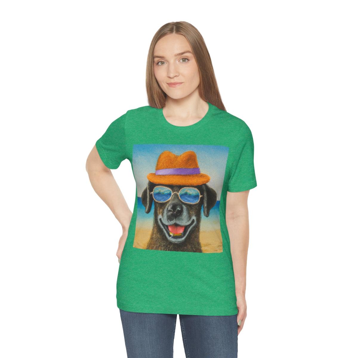 Dog with glasses and hat by the beach painting on ladies Tshirt - Giftsmojo