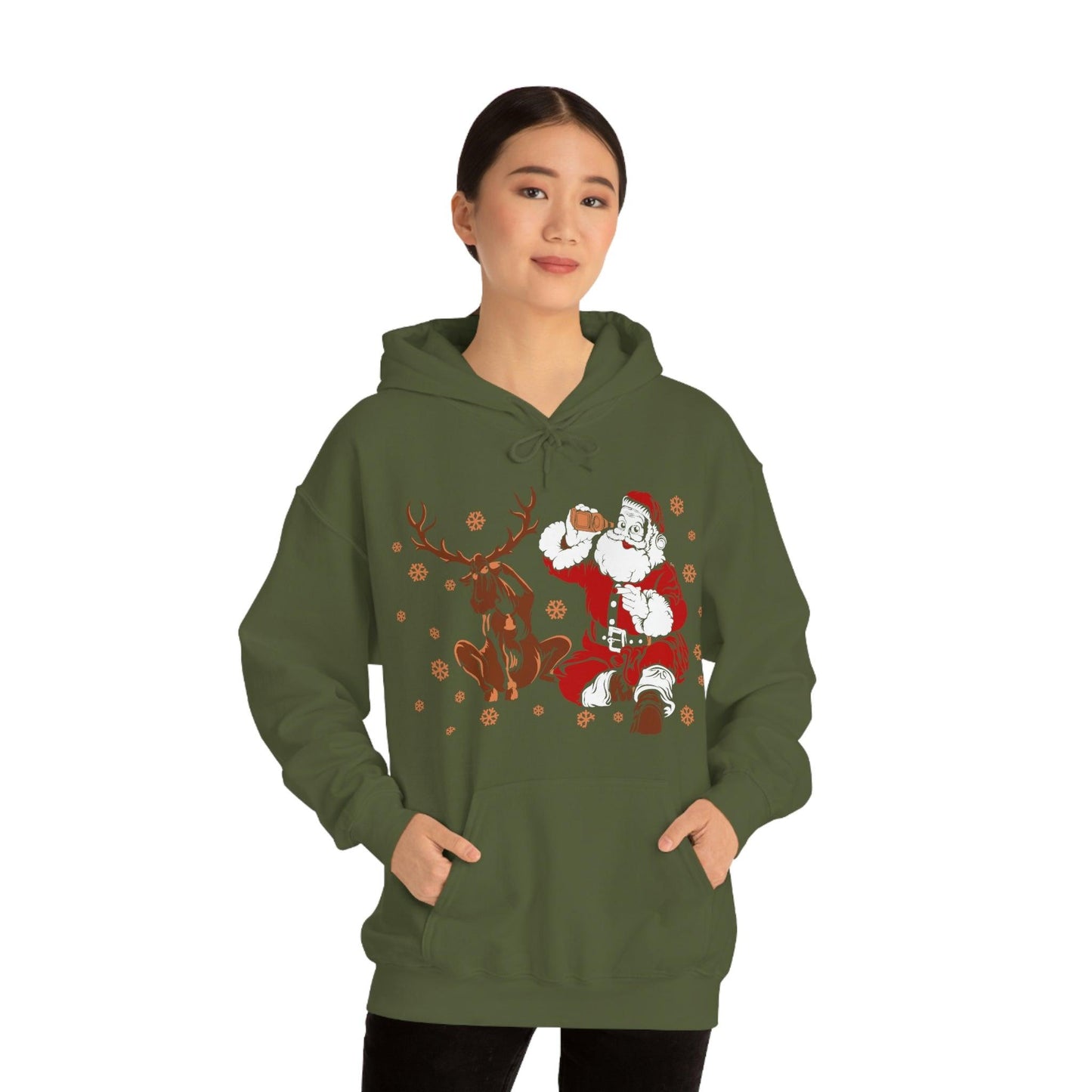 Santa and Reindeer Hooded Sweatshirt Christmas Shirt Funny Christmas Sweatshirt Christmas Gifts Santa Drinking Beer