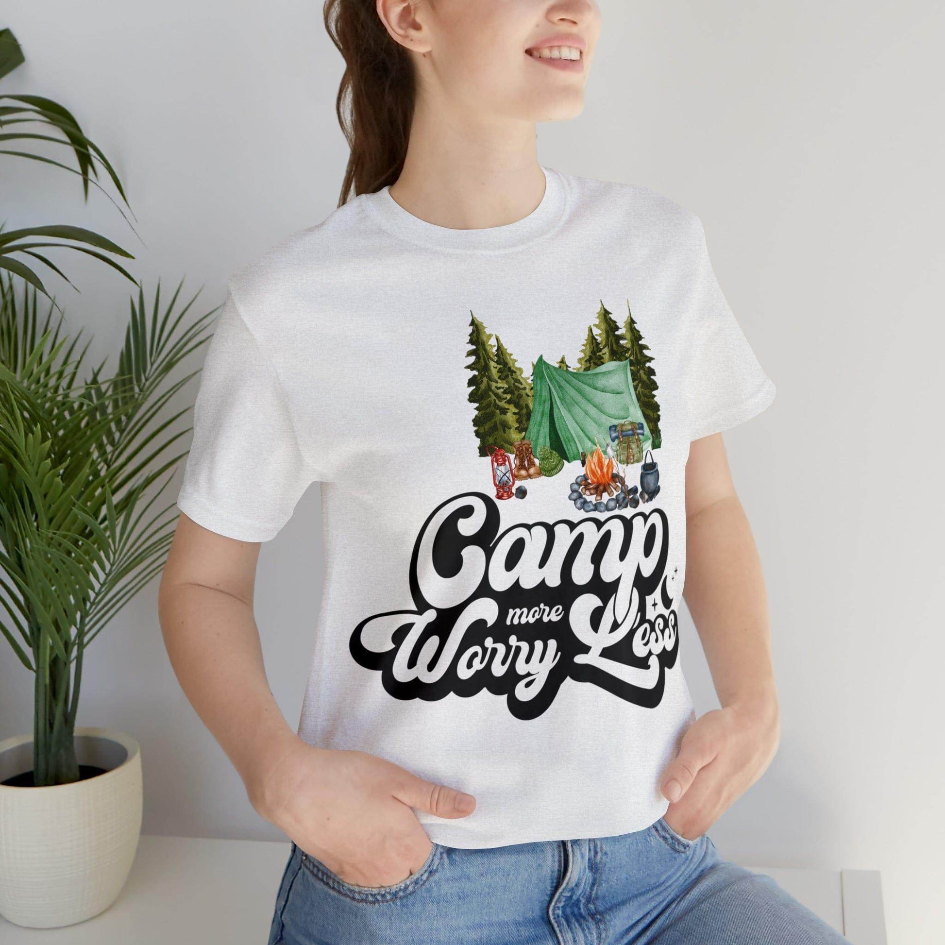 Camp More Worry Less Shirt, Outdoor adventure clothing, Nature-inspired shirts, Hiking apparel, Outdoor enthusiasts gift, Adventure-themed attire - Giftsmojo