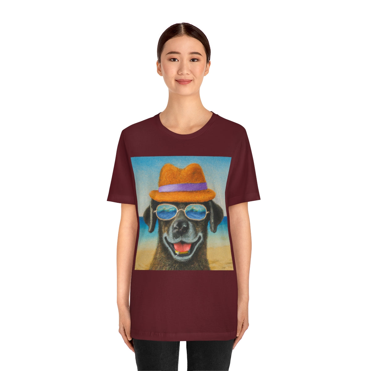 Dog with glasses and hat by the beach painting on ladies Tshirt