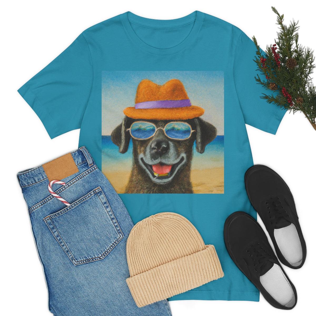 Dog with glasses and hat by the beach painting on ladies Tshirt - Giftsmojo