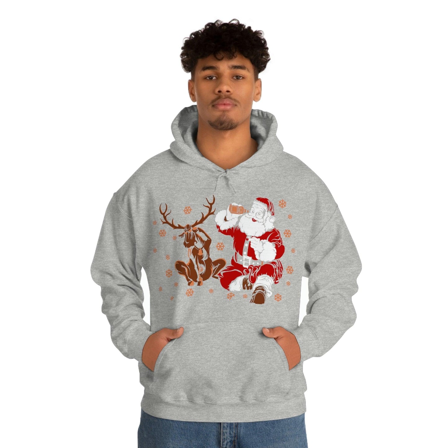 Santa and Reindeer Hooded Sweatshirt Christmas Shirt Funny Christmas Sweatshirt Christmas Gifts Santa Drinking Beer
