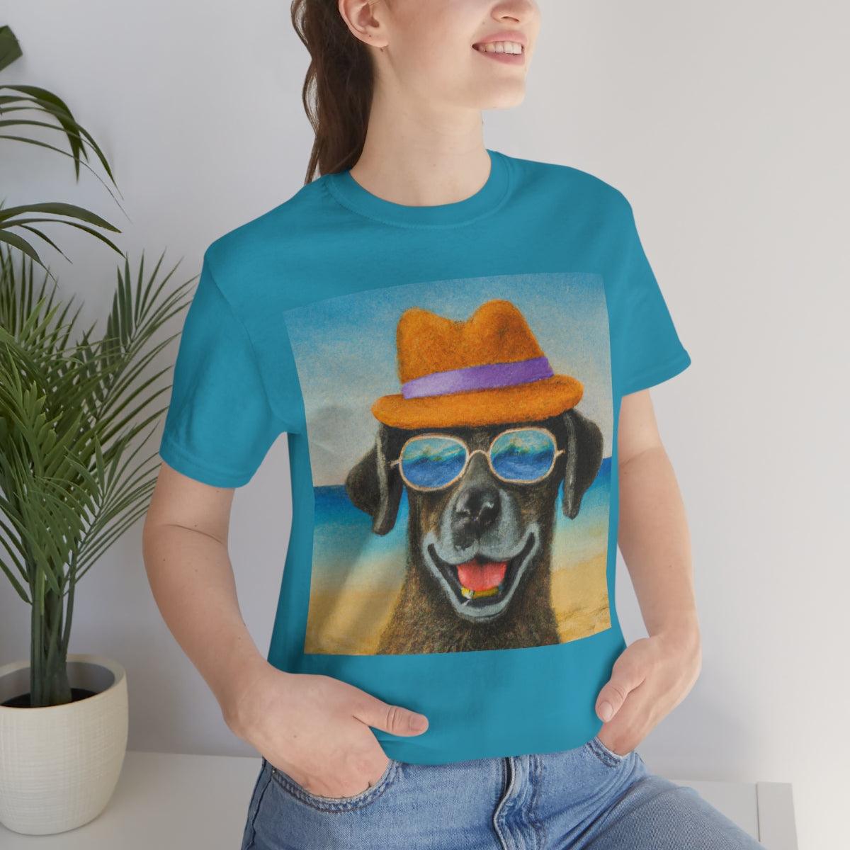 Dog with glasses and hat by the beach painting on ladies Tshirt - Giftsmojo