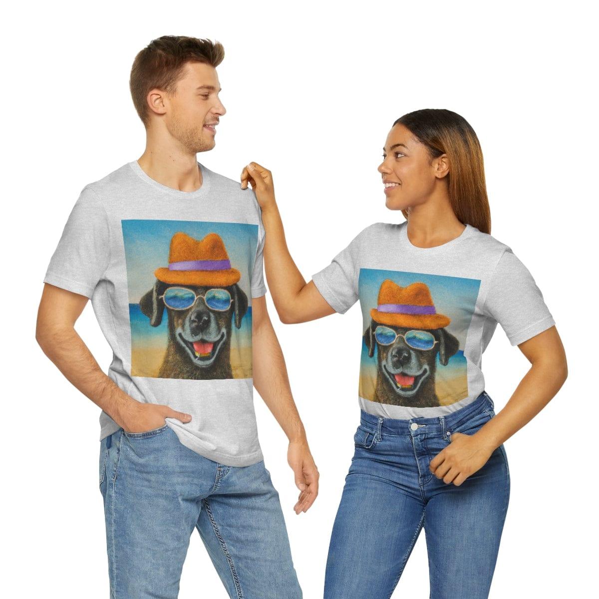Dog with glasses and hat by the beach painting on ladies Tshirt - Giftsmojo