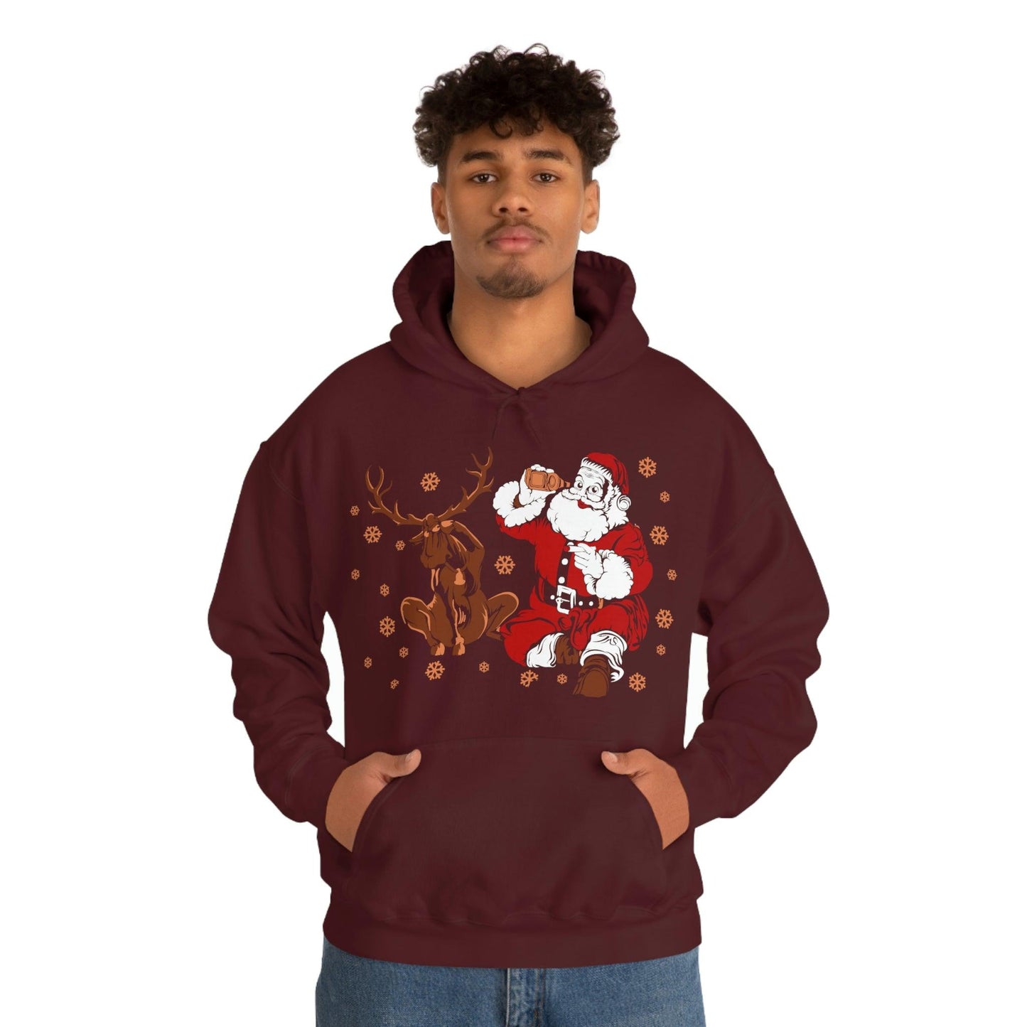 Santa and Reindeer Hooded Sweatshirt Christmas Shirt Funny Christmas Sweatshirt Christmas Gifts Santa Drinking Beer