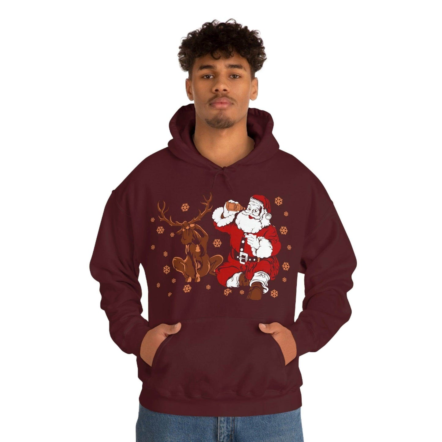 Santa and Reindeer Hooded Sweatshirt Christmas Shirt Funny Christmas Sweatshirt Christmas Gifts Santa Drinking Beer - Giftsmojo