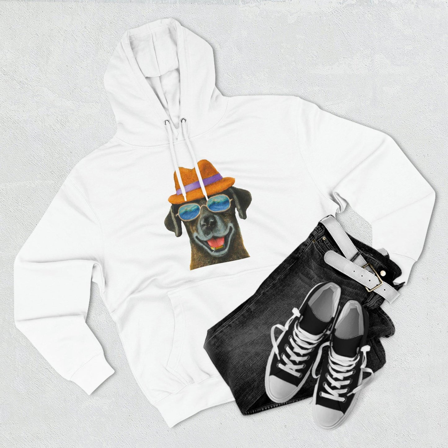 Dog at the beach wearing a hat and sunglasses painted arts Premium Pullover Hoodie