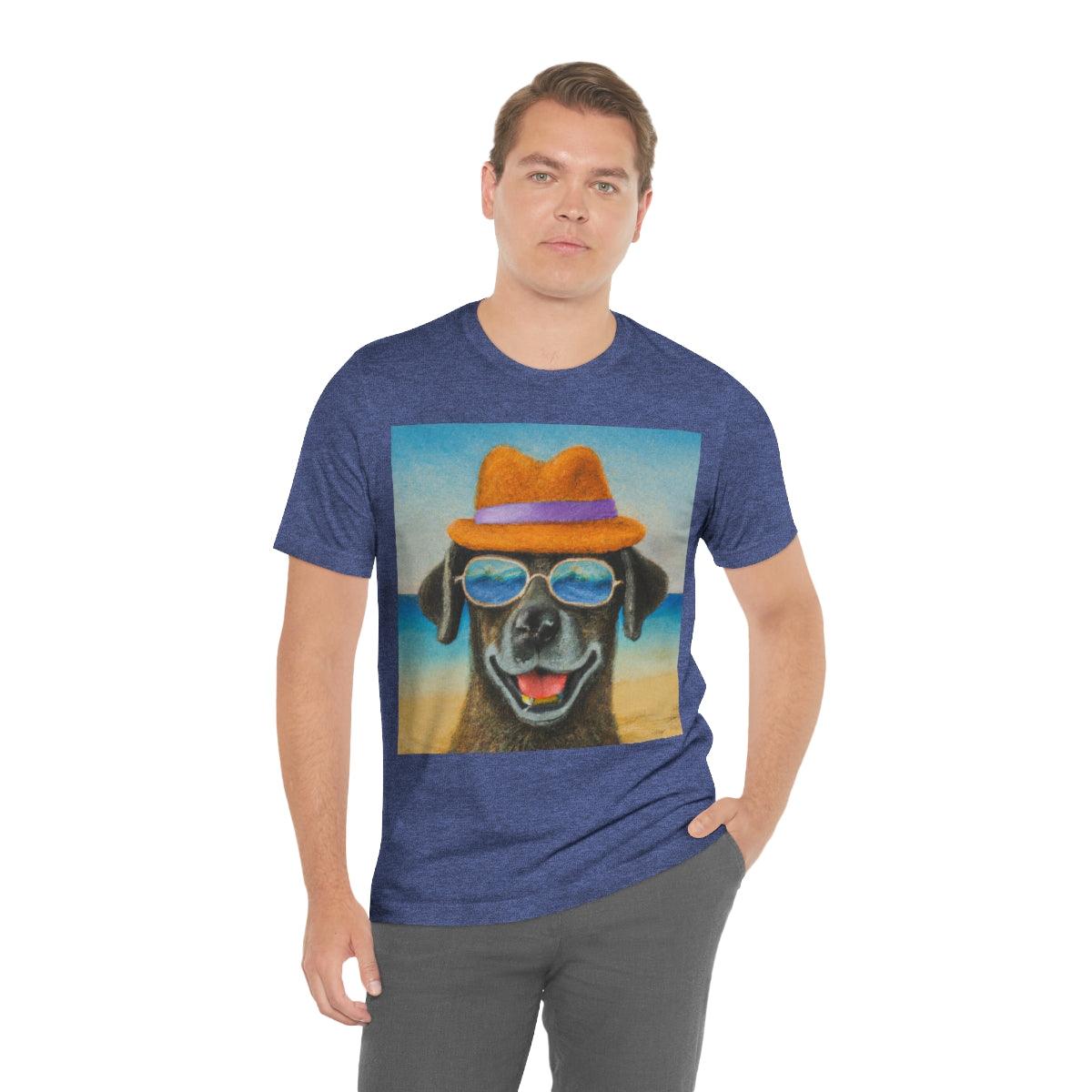 Dog with glasses and hat by the beach painting on ladies Tshirt - Giftsmojo