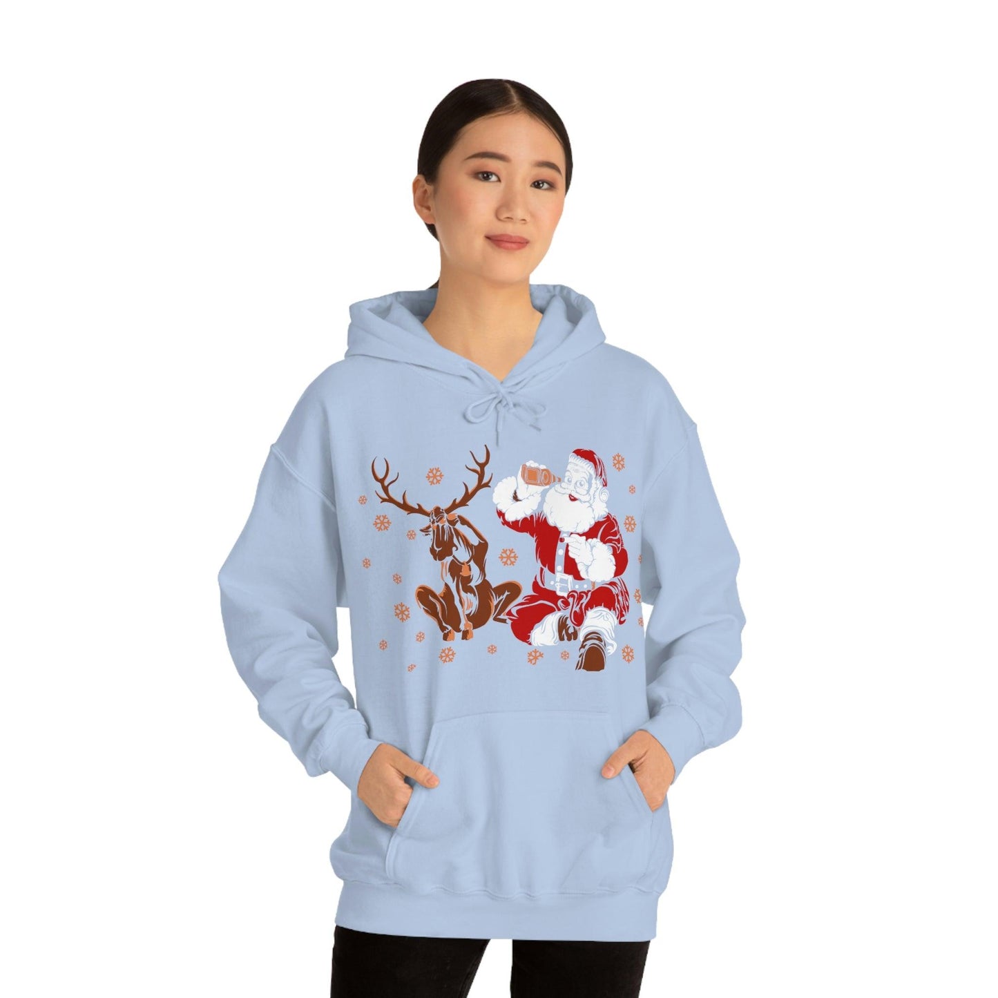 Santa and Reindeer Hooded Sweatshirt Christmas Shirt Funny Christmas Sweatshirt Christmas Gifts Santa Drinking Beer
