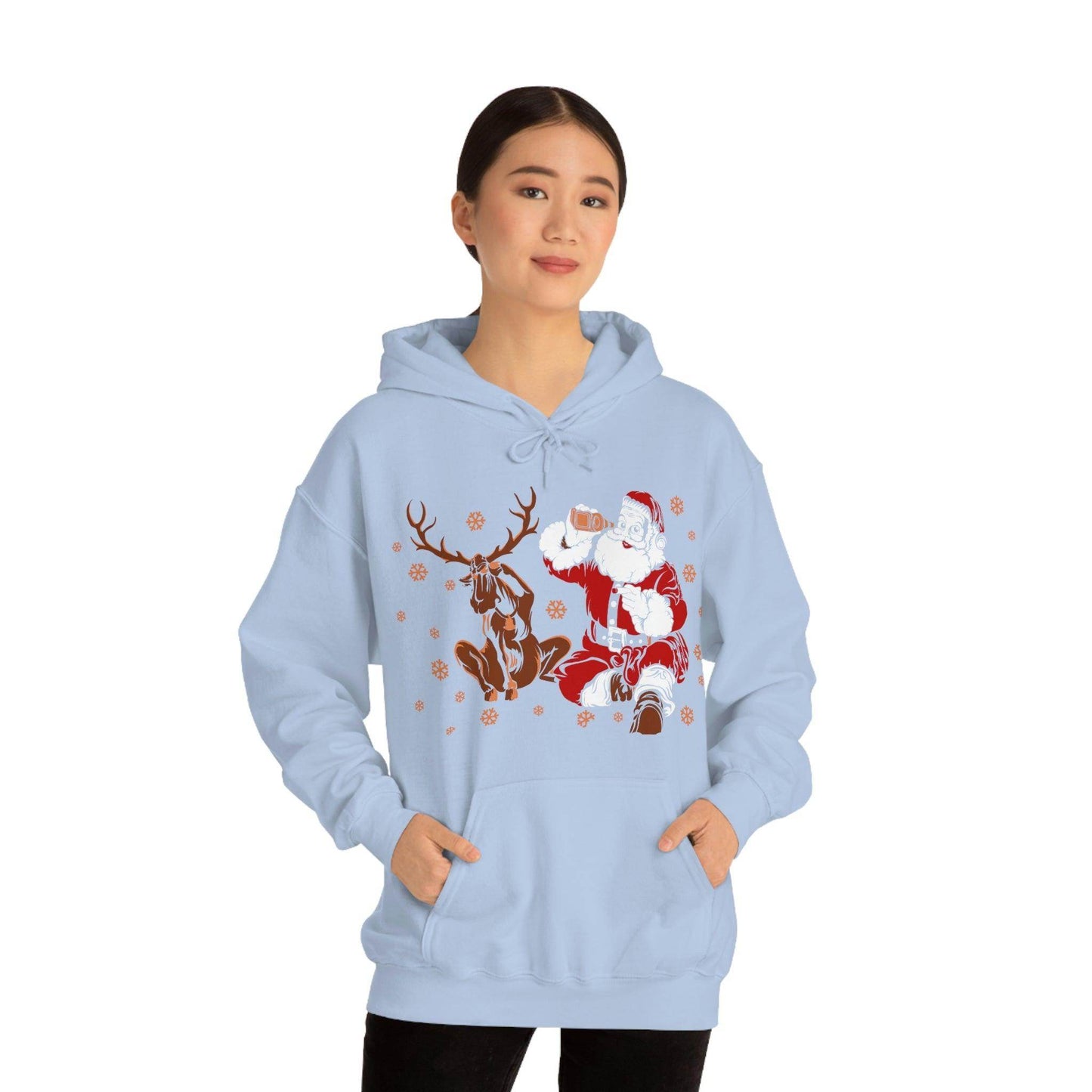Santa and Reindeer Hooded Sweatshirt Christmas Shirt Funny Christmas Sweatshirt Christmas Gifts Santa Drinking Beer - Giftsmojo