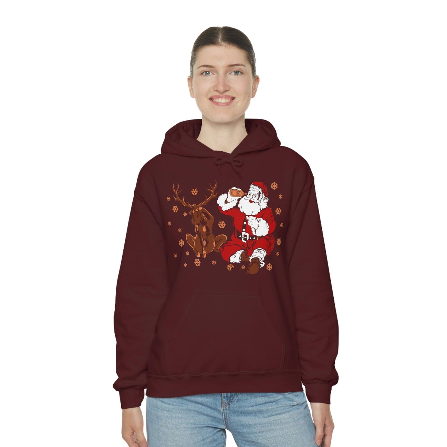 Santa and Reindeer Hooded Sweatshirt Christmas Shirt Funny Christmas Sweatshirt Christmas Gifts Santa Drinking Beer